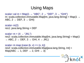 Using Maps
scala> val m = Map(1 → “ABC”, 2 → “DEF”, 3 → “GHI”)
m: scala.collection.immutable.Map[Int, java.lang.String] = Map(1 →
ABC, 2 → DEF, 3 → GHI)

scala> m(2)
res1: java.lang.String = DEF

scala> m + (4 → “JKL”)
res2: scala.collection.immutable.Map[Int, java.lang.String] = Map(1
→ ABC, 2 → DEF, 3 → GHI, 4 → JKL)

scala> m map {case (k, v) => (v, k)}
res2: scala.collection.immutable.Map[java.lang.String, Int] =
Map(ABC → 1, DEF → 2, GHI → 3)
 