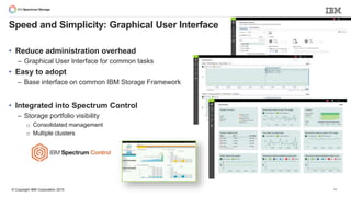 © Copyright IBM Corporation 2015
• Reduce administration overhead
– Graphical User Interface for common tasks
• Easy to adopt
– Base interface on common IBM Storage Framework
• Integrated into Spectrum Control
– Storage portfolio visibility
o Consolidated management
o Multiple clusters
14
Speed and Simplicity: Graphical User Interface
 