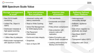 © Copyright IBM Corporation 2015
IBM Spectrum Scale Value
24
Storage management
at scale
• New GUI & health
monitoring
• Unified File, Object &
HDFS
• Distributed metadata &
high-speed scanning
• QoS management
• 1 Billion files & yottabytes
• Multi-cluster management
with Spectrum Control
Store everywhere.
Run anywhere.
• Advanced routing with
latency awareness
• Read or Write Caching
• Active File Management
for WAN deployments
• File Placement
Optimization
• End-to-end data integrity
• Snapshots
• Sync or Async DR
Improve data
economics
• Tier seamlessly
• Incorporate and share
flash
• Policy driven compression
• Data protection with
erasure code and
replication
• Native Encryption and
Secure Erase compliance
• Leading performance for
Backup and Archive
Software Defined
Open Platform
• Heterogeneous
commodity storage
• Software, appliance
or Cloud
• Data driven migration to
practically any target
• OpenStack SWIFT
and S3
• Transparent native HDFS
• Integration with Cloud
 