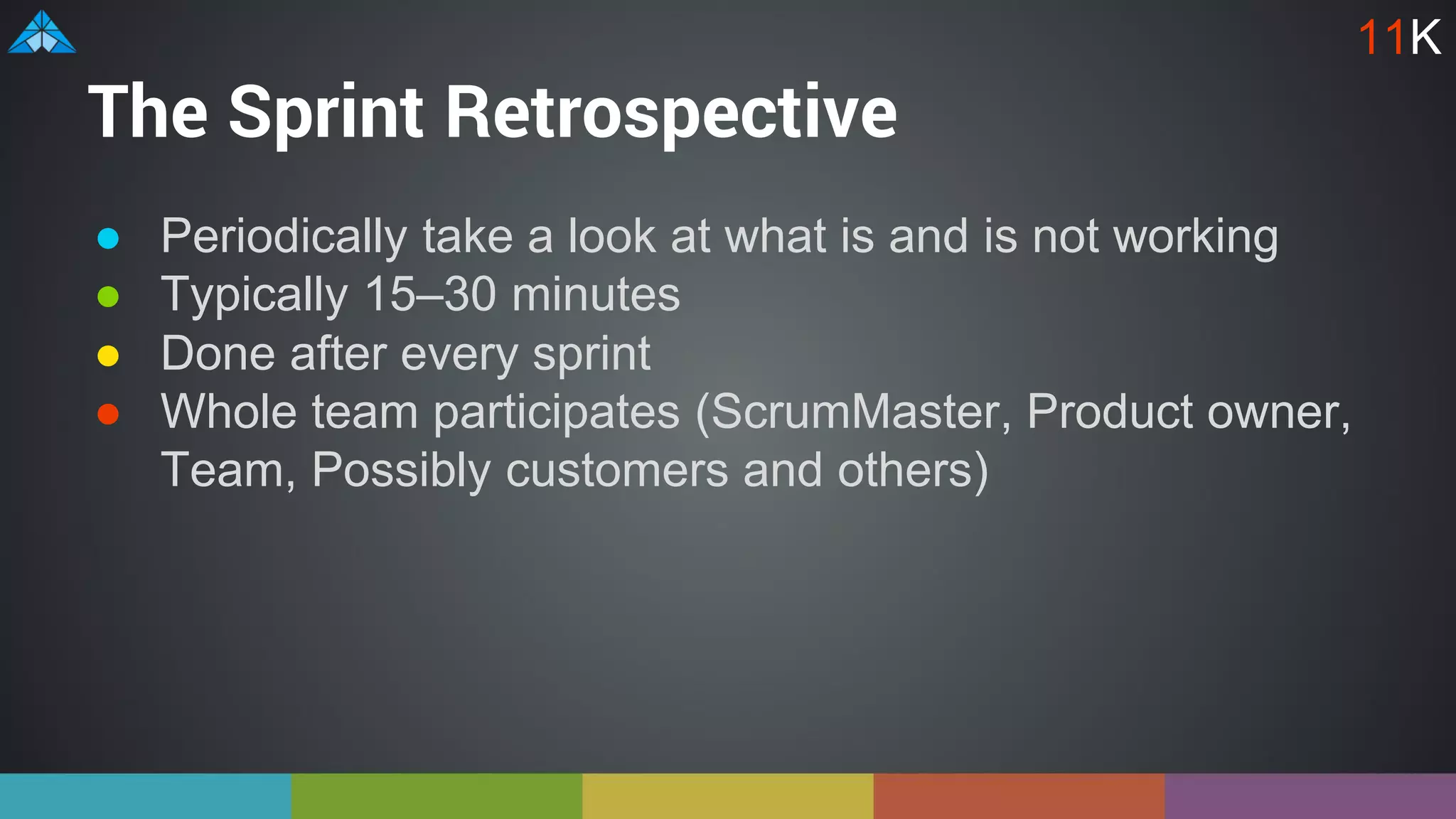 The Sprint Retrospective
● Periodically take a look at what is and is not working
● Typically 15–30 minutes
● Done after every sprint
● Whole team participates (ScrumMaster, Product owner,
Team, Possibly customers and others)
11K
 