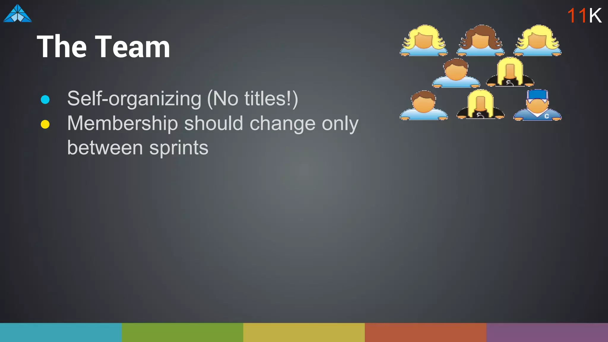 The Team
● Self-organizing (No titles!)
● Membership should change only
between sprints
11K
 