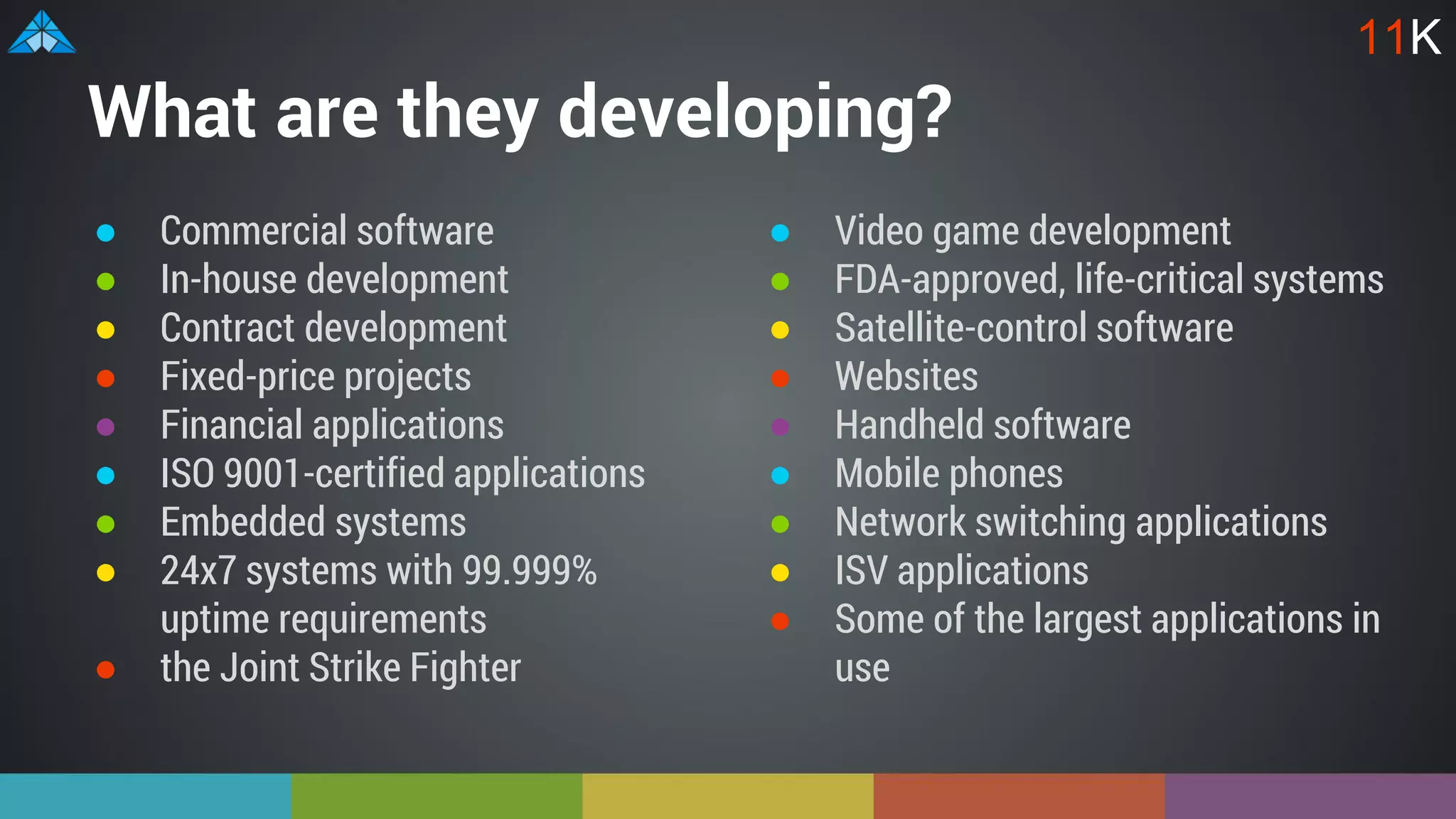 What are they developing?
● Commercial software
● In-house development
● Contract development
● Fixed-price projects
● Financial applications
● ISO 9001-certified applications
● Embedded systems
● 24x7 systems with 99.999%
uptime requirements
● the Joint Strike Fighter
● Video game development
● FDA-approved, life-critical systems
● Satellite-control software
● Websites
● Handheld software
● Mobile phones
● Network switching applications
● ISV applications
● Some of the largest applications in
use
11K
 