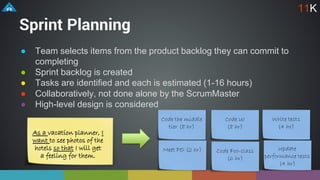 Sprint Planning
● Team selects items from the product backlog they can commit to
completing
● Sprint backlog is created
● Tasks are identified and each is estimated (1-16 hours)
● Collaboratively, not done alone by the ScrumMaster
● High-level design is considered
11K
As a vacation planner, I
want to see photos of the
hotels so that I will get
a feeling for them.
Code the middle
tier (8 hr)
Code UI
(8 hr)
Write tests
(4 hr)
Meet PO (2 hr) Code Foo-class
(6 hr)
Update
performance tests
(4 hr)
 