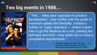 Two big events in 1986...
“The… ’relay race’ approach to product
development…may conflict with the goals of
maximum speed and flexibility. Instead a
holistic or ’rugby’ approach — where a team
tries to go the distance as a unit, passing the
ball back and forth—may better serve today’s
competitive requirements.”
Hirotaka Takeuchi and Ikujiro Nonaka, “The
New New Product Development Game”,
Harvard Business Review, January 1986.
11K
 