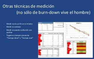Otras técnicas de medición
(no sólo de burn-down vive el hombre)
- Medir no és un fin en si mismo
- Medir es costoso
- Medir se puede confundir con
auditar
- Tngamos siempre presente
“Tiempo ideal” y “Tiempo real”
 