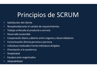Principios de SCRUM
Satisfacción del cliente
El objetivo último es la satisfacción del cliente. El cliente ha de obtener lo que
desea y ha de sentir que el producto que le proporcionamos es útil
 