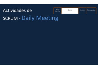 Artefactos SCRUM
• Impedimentos, incidencias y bloqueos
• Impediment Backlog (proceso): Lista de problemas, que sirven como registro para
que el Scrum Master pueda buscar soluciones
• Incidence Backlog (tareas): La Incidence Backlog es una lista de problemas
detectados a nivel de tarea para un Sprint. Cualquier cambio no previsto sobre una
tarea se anota en esta lista, para ser tratada en la reunión de Sprint Retrospective.
• Parking Backlog (bloqueos): El Parking Backlog es la lista de tareas que se
encuentran “bloqueadas” en un Sprint. Una tarea puede estar bloqueada porqué se
ha detectado algún problema que impide acabarla, o bien porqué se está a la espera
de un resultado intermedio, etc.
 