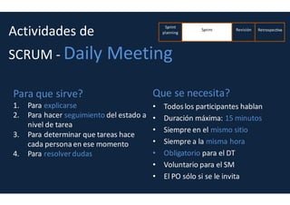 Artefactos SCRUM
• Impediment backlog
Problemas que se caracterizan por la “sorpresa” y
requerieren adaptación
Quien informa de los problemas?
Ejemplos?
 