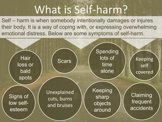 Scars
Signs of
low self-
esteem
Hair
loss or
bald
spots
Spending
lots of
time
alone
Keeping
sharp
objects
around
Keeping
self
covered
Claiming
frequent
accidents
What is Self-harm?
Self – harm is when somebody intentionally damages or injures
their body. It is a way of coping with, or expressing overwhelming
emotional distress. Below are some symptoms of self-harm.
Unexplained
cuts, burns
and bruises
 