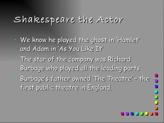 Shakespeare the Actor We know he played the ghost in ‘Hamlet’ and Adam in ‘As You Like It’ The star of the company was Richard Burbage who played all the leading parts Burbage’s father owned ‘The Theatre’ – the first public theatre in England.  
