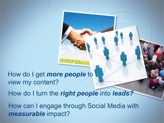 How do I get more people to
view my content?
How do I turn the right people into leads?
How can I engage through Social Media with
measurable impact?
 