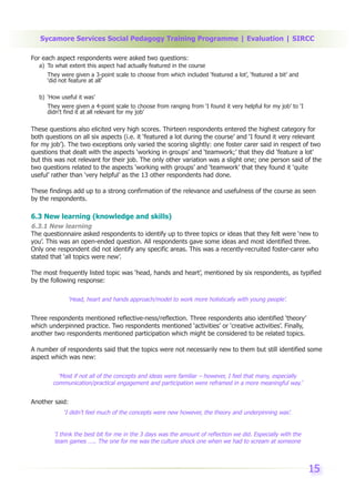 Sycamore Services Social Pedagogy Training Programme | Evaluation | SIRCC

For each aspect respondents were asked two questions:
   a) To what extent this aspect had actually featured in the course
      They were given a 3-point scale to choose from which included ‘featured a lot’, ‘featured a bit’ and
      ‘did not feature at all’

   b) ‘How useful it was’
      They were given a 4-point scale to choose from ranging from ‘I found it very helpful for my job’ to ‘I
      didn’t find it at all relevant for my job’

These questions also elicited very high scores. Thirteen respondents entered the highest category for
both questions on all six aspects (i.e. it ‘featured a lot during the course’ and ‘I found it very relevant
for my job’). The two exceptions only varied the scoring slightly: one foster carer said in respect of two
questions that dealt with the aspects ‘working in groups’ and ‘teamwork;’ that they did ‘feature a lot’
but this was not relevant for their job. The only other variation was a slight one; one person said of the
two questions related to the aspects ‘working with groups’ and ‘teamwork’ that they found it ‘quite
useful’ rather than ‘very helpful’ as the 13 other respondents had done.

These findings add up to a strong confirmation of the relevance and usefulness of the course as seen
by the respondents.

6.3 New learning (knowledge and skills)
6.3.1 New learning
The questionnaire asked respondents to identify up to three topics or ideas that they felt were ‘new to
you’. This was an open-ended question. All respondents gave some ideas and most identified three.
Only one respondent did not identify any specific areas. This was a recently-recruited foster-carer who
stated that ‘all topics were new’.

The most frequently listed topic was ‘head, hands and heart’, mentioned by six respondents, as typified
by the following response:

              ‘Head, heart and hands approach/model to work more holistically with young people’.


Three respondents mentioned reflective-ness/reflection. Three respondents also identified ‘theory’
which underpinned practice. Two respondents mentioned ‘activities’ or ‘creative activities’. Finally,
another two respondents mentioned participation which might be considered to be related topics.

A number of respondents said that the topics were not necessarily new to them but still identified some
aspect which was new:

          ‘Most if not all of the concepts and ideas were familiar – however, I feel that many, especially
        communication/practical engagement and participation were reframed in a more meaningful way.’


Another said:
            ‘I didn’t feel much of the concepts were new however, the theory and underpinning was’.


        ‘I think the best bit for me in the 3 days was the amount of reflection we did. Especially with the
        team games ….. The one for me was the culture shock one when we had to scream at someone



                                                                                                               15
 