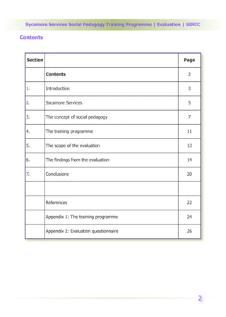Sycamore Services Social Pedagogy Training Programme | Evaluation | SIRCC

Contents



  Section                                                           Page


            Contents                                                  2


  1.        Introduction                                              3


  2.        Sycamore Services                                         5


  3.        The concept of social pedagogy                            7


  4.        The training programme                                   11


  5.        The scope of the evaluation                              13


  6.        The findings from the evaluation                         14


  7.        Conclusions                                              20




            References                                               22


            Appendix 1: The training programme                       24


            Appendix 2: Evaluation questionnaire                     26




                                                                           2
 