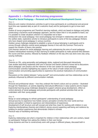 Sycamore Services Social Pedagogy Training Programme | Evaluation | SIRCC

Appendix 1 – Outline of the training programme
ThemPra Social Pedagogy – Personal and Professional Development Course
Day 1:
Welcome and creative introductory activities to get to know participants at a professional and personal
level (this was repeated daily as part of a welcome ritual) and for participants to get to know each
other.
Outline of course programme and ThemPra’s learning methods, which are based on dialogue and jointly
constructing a Sycamore social pedagogic approach, and the notion that it is not possible to teach, but
it is possible to create situations wherein it is impossible not to learn
Introduction into social pedagogy: how social pedagogy has emerged in relationship with society and
the welfare state; explorative activity to introduce participants to some of the key pedagogic thinkers
who have shaped social pedagogy in various countries
Outdoor group challenges designed to establish a sense of group belonging in participants and to
convey through reflection central social pedagogic themes in line with the Common Third and to
support the transfer of theory into practice
Core theories relevant for social pedagogic learning and underpinning the aims of social pedagogy
Creative individualised reviewing of day’s learning to enable participants to make personal links between
the course and their practice, followed by feedback reflection on the day (this was done every day using
varying methods)

Day 2:
Theories on 3Ps, using personality and pedagogic styles, explored and discussed interactively
Case studies describing residential child care in German and Danish children’s homes led to discussions
about pedagogic care practice and the relevance of the care system for social pedagogy
Communication activities highlighting key aspects of the nature of both verbal and non-verbal
communication and providing opportunities to experience the practical implications of communication
theory
Discussions on the relation between “using yourself” and communication and how relationships can be
positively influenced by different communication methods.

Day 3:
Personal and professional values – how they underpin the home’s culture and our practice – illustrated
through the ‘Dederdians’, an activity depicting intercultural differences in value systems and its impact
Experiential learning group challenges designed to support cohesive group development, reflect on
central elements of social pedagogy and provide participants with practical activities that can be
undertaken with their young people

Day 4:
Recap on social pedagogy to refresh participants’ understanding of social pedagogy
Sensual journey to experience how holistic sensory perception enriches the inner world and how
sensory perception is linked to experience and interpretations of experiences
Development of self structure and self concept and what they mean for working with children in care
Exploring interdisciplinary theories and children’s stories around supporting well-being and resilience by
building on positive experiences that demonstrate children’s richness
Practical ways of facilitating well-being

Day 5:
Exploring relationships and what is important for children in their relationships with care workers, based
on participants’ findings from asking the children in their care homes
Group dynamics and how to constructively work with groups in different phases, discussed both in



 24
 