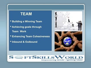 TEAM
• Building a Winning Team
• Achieving goals through
 Team Work
• Enhancing Team Cohesiveness
• Inbound & Outbound
 