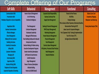 Complete Offering of Our Programs
             Soft Skills                             Behavioral                          Management                                     Functional                                Consulting
          Communication Skills                   Human Values & Management            Corporate Social Responsibility                   Finance for Non Finance                   Balance Score Card
           Presentation Skills                        Art of Performing                  Business Continuity Plan                               MS Office                        Competency Mapping
Workplace Etiquette & Cultural Adaptability         Emotional Intelligence              Supply Chain Management                             Foreign Exchange                  Manpower Load Balancing
                                                                                                                        TDS on Salary & Other Payments, Retirement Benefits,
              Negotiation Skills                        Time Management          Banking & Financial Management                      Remuneration Planning & DTC             Training Need Analysis (TNA)
         Business Communication                      Confusion Management           PMP (Project Management)                     Labour Laws for Corporate Managers
            Effective Managers                        Valuebased Leadership           Marketing Management                Five S (Japanese Tool)- Training & Implementation
            Stress Management                       Managerial Effectiveness       Human Resource Management                             Train The Trainer (TTT)
        Making life time Customer             Team Building (Outbound & Inbound)       Financial Management                          Six Sigma (Green & Black Belt)
            Handling Interviews                      Interpersonal Dynamics              Rural Management
          Creativity & Innovation              Decision Making & Problem solving   Contract Labour Management
                Selling Skills                  Executive Development Programs HR Systems, Processes & Best Practices
           Customer Orientation                  Gender Sensitivity @workplace           Retail Management
               Managing Self                      Self Esteem & Assertiveness            Industrial Relations
             Interviewing Skills                        Conflict Resolution
              Supervisory Skills                       Anger Management
           Business Writing Skills               Power of Humour @workplace
       Telephone & Email etiquettes                      Attitude Building
     Corporate Etiquettes & Grooming                Human Lab (ISABS Based)
 