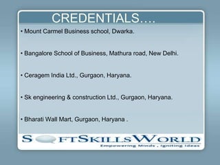 CREDENTIALS….
• Mount Carmel Business school, Dwarka.


• Bangalore School of Business, Mathura road, New Delhi.


• Ceragem India Ltd., Gurgaon, Haryana.


• Sk engineering & construction Ltd., Gurgaon, Haryana.


• Bharati Wall Mart, Gurgaon, Haryana .
 
