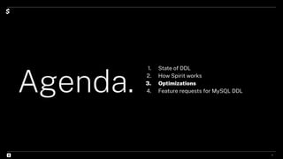Agenda.
1. State of DDL
2. How Spirit works
3. Optimizations
4. Feature requests for MySQL DDL
11
 