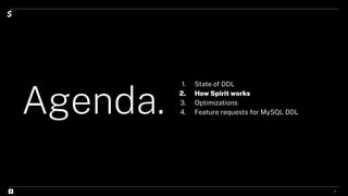 Agenda.
1. State of DDL
2. How Spirit works
3. Optimizations
4. Feature requests for MySQL DDL
8
 