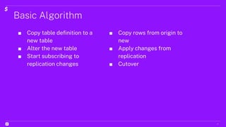 Basic Algorithm
9
■ Copy table deﬁnition to a
new table
■ Alter the new table
■ Start subscribing to
replication changes
■ Copy rows from origin to
new
■ Apply changes from
replication
■ Cutover
 