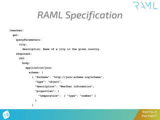 @spring_io
#springio17
RAML Specification
/weather:
get:
queryParameters:
city:
description: Name of a city in the given country.
responses:
200:
body:
application/json:
schema: |
{ "$schema": "http://json-schema.org/schema",
"type": "object",
"description": "Weather information",
"properties": {
"temperature": { "type": "number" }
}
}
 