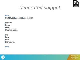 @spring_io
#springio17
Generated snippet
|===
|Path|Type|Optional|Description
|country
|String
|false
|Country Code.
|city
|false
|true
|City name.
|===
 