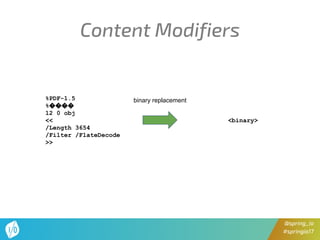 @spring_io
#springio17
Content Modifiers
%PDF-1.5
%����
12 0 obj
<<
/Length 3654
/Filter /FlateDecode
>>
<binary>
binary replacement
 