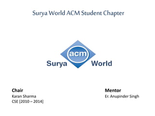 Mentor
Er. Anupinder Singh
Surya World ACM Student Chapter
Chair
Karan Sharma
CSE [2010 – 2014]
 