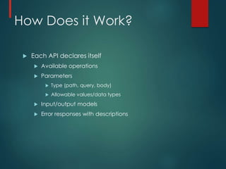 How Does it Work?
 Each API declares itself
 Available operations
 Parameters
 Type (path, query, body)
 Allowable values/data types
 Input/output models
 Error responses with descriptions
 
