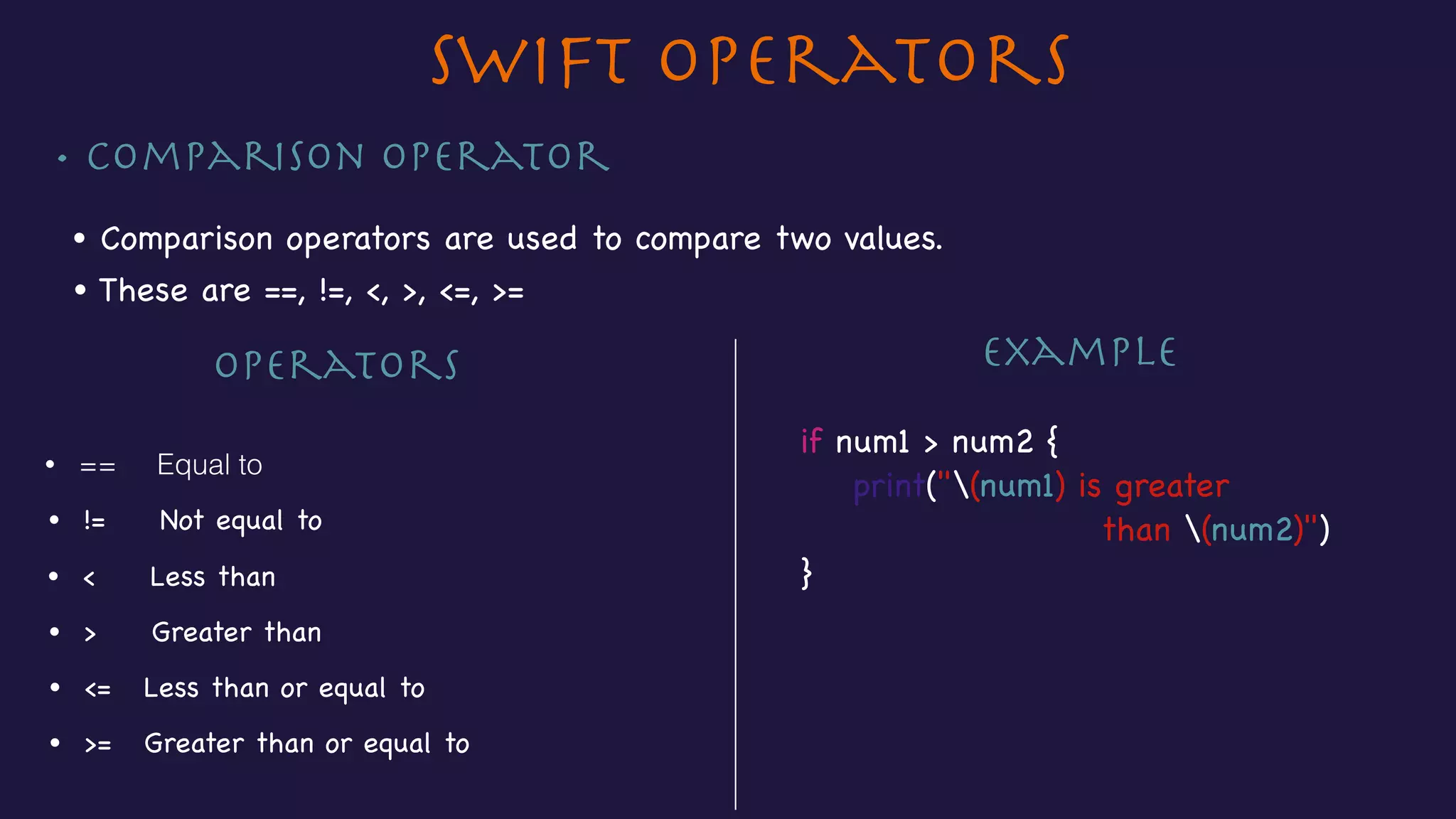 • Comparison Operator
Swift Operators
• Comparison operators are used to compare two values.
Operators
• == Equal to
• != Not equal to
• < Less than
• > Greater than
• <= Less than or equal to
if num1 > num2 {

print("(num1) is greater 

than (num2)")

}
• These are ==, !=, <, >, <=, >=
• >= Greater than or equal to
Example
 