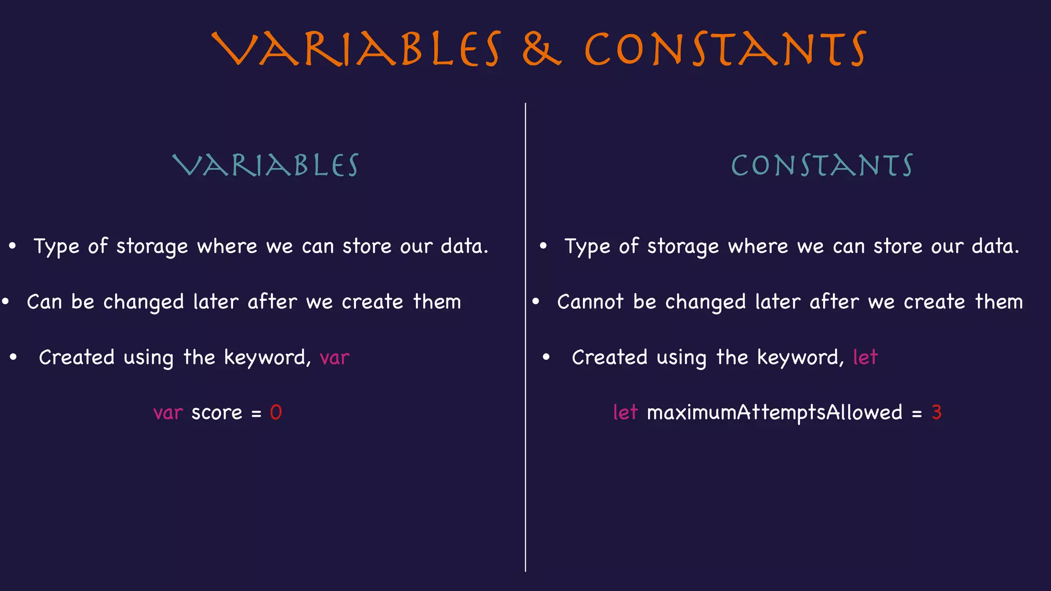Variables & Constants
let maximumAttemptsAllowed = 3var score = 0
• Type of storage where we can store our data.
• Can be changed later after we create them
Variables Constants
• Type of storage where we can store our data.
• Cannot be changed later after we create them
• Created using the keyword, var • Created using the keyword, let
 