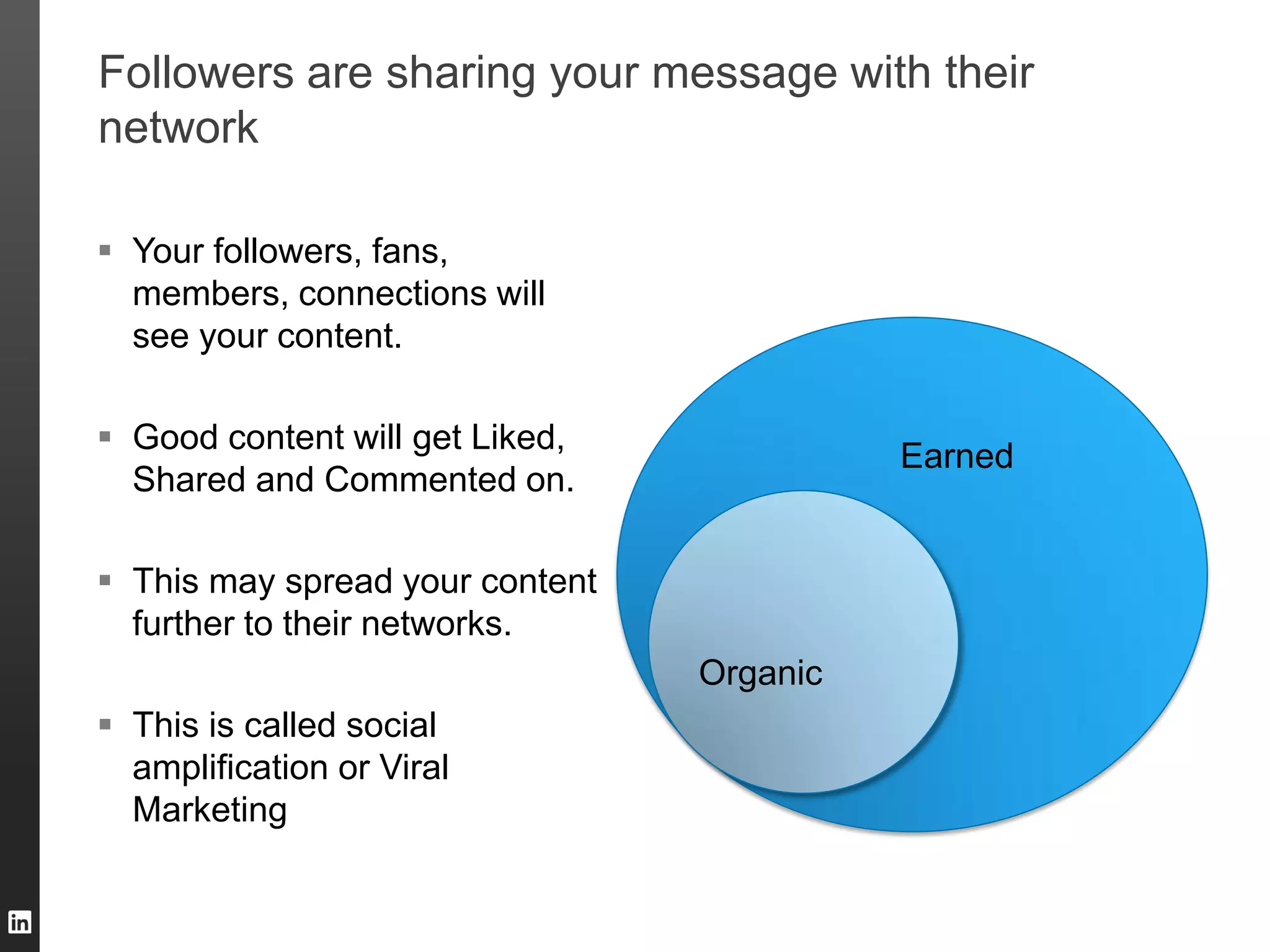 Followers are sharing your message with their
network
 Your followers, fans,
members, connections will
see your content.
 Good content will get Liked,
Shared and Commented on.
 This may spread your content
further to their networks.
 This is called social
amplification or Viral
Marketing
Organic
Earned
 