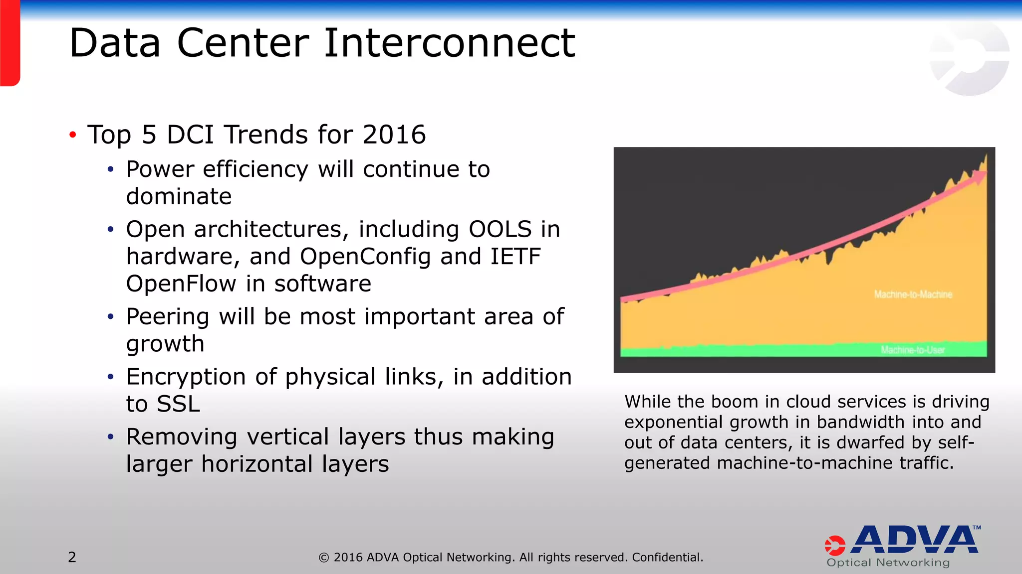 © 2016 ADVA Optical Networking. All rights reserved. Confidential.2
Data Center Interconnect
While the boom in cloud services is driving
exponential growth in bandwidth into and
out of data centers, it is dwarfed by self-
generated machine-to-machine traffic.
• Top 5 DCI Trends for 2016
• Power efficiency will continue to
dominate
• Open architectures, including OOLS in
hardware, and OpenConfig and IETF
OpenFlow in software
• Peering will be most important area of
growth
• Encryption of physical links, in addition
to SSL
• Removing vertical layers thus making
larger horizontal layers
 