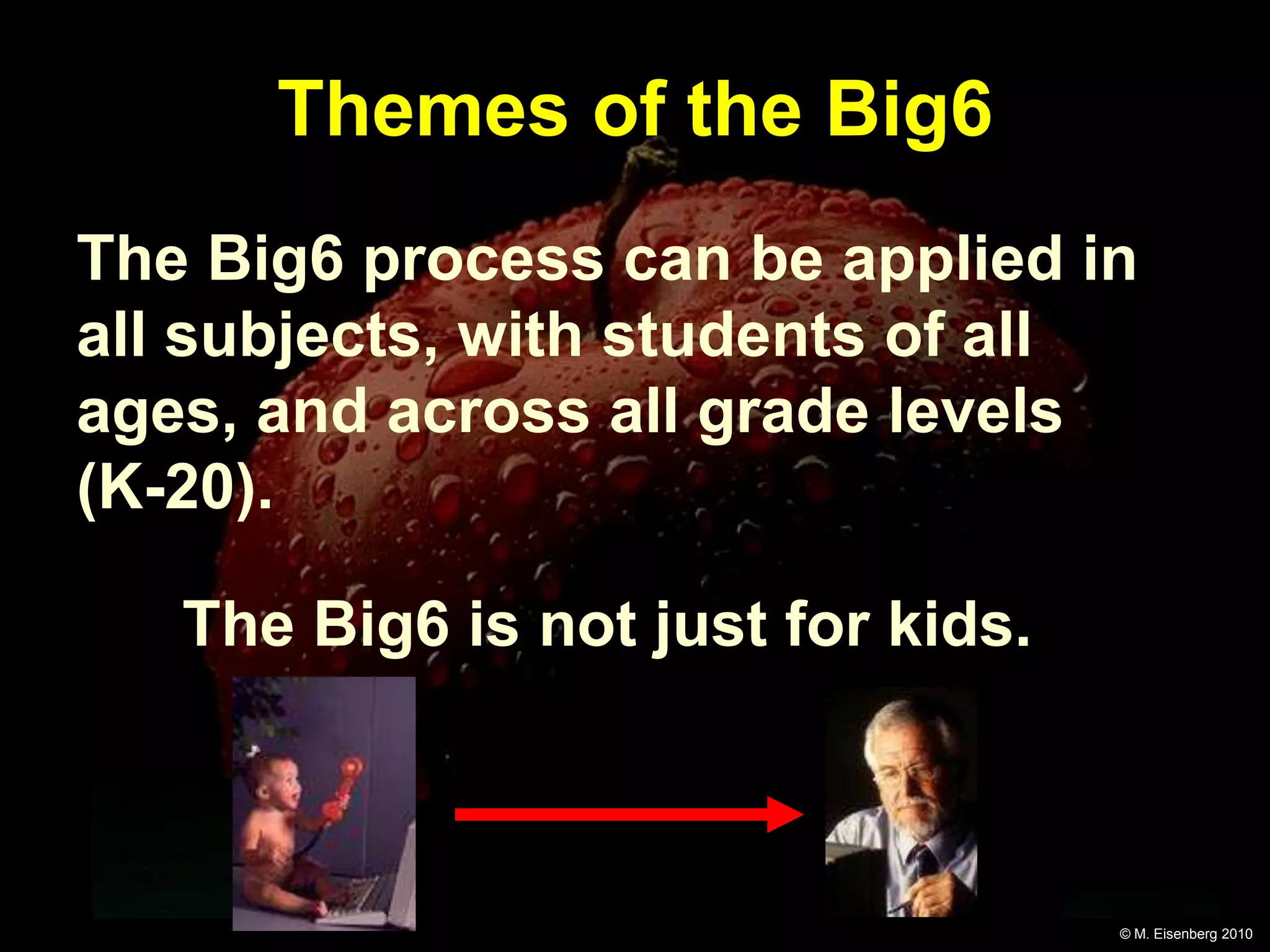 Themes of the Big6
The Big6 process can be applied in
all subjects, with students of all
ages, and across all grade levels
(K-20).

   The Big6 is not just for kids.



                                    © M. Eisenberg 2010
 