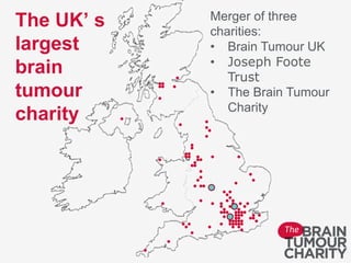 The UK’ s
largest
brain
tumour
charity
Merger of three
charities:
• Brain Tumour UK
• Joseph Foote
Trust
• The Brain Tumour
Charity
 