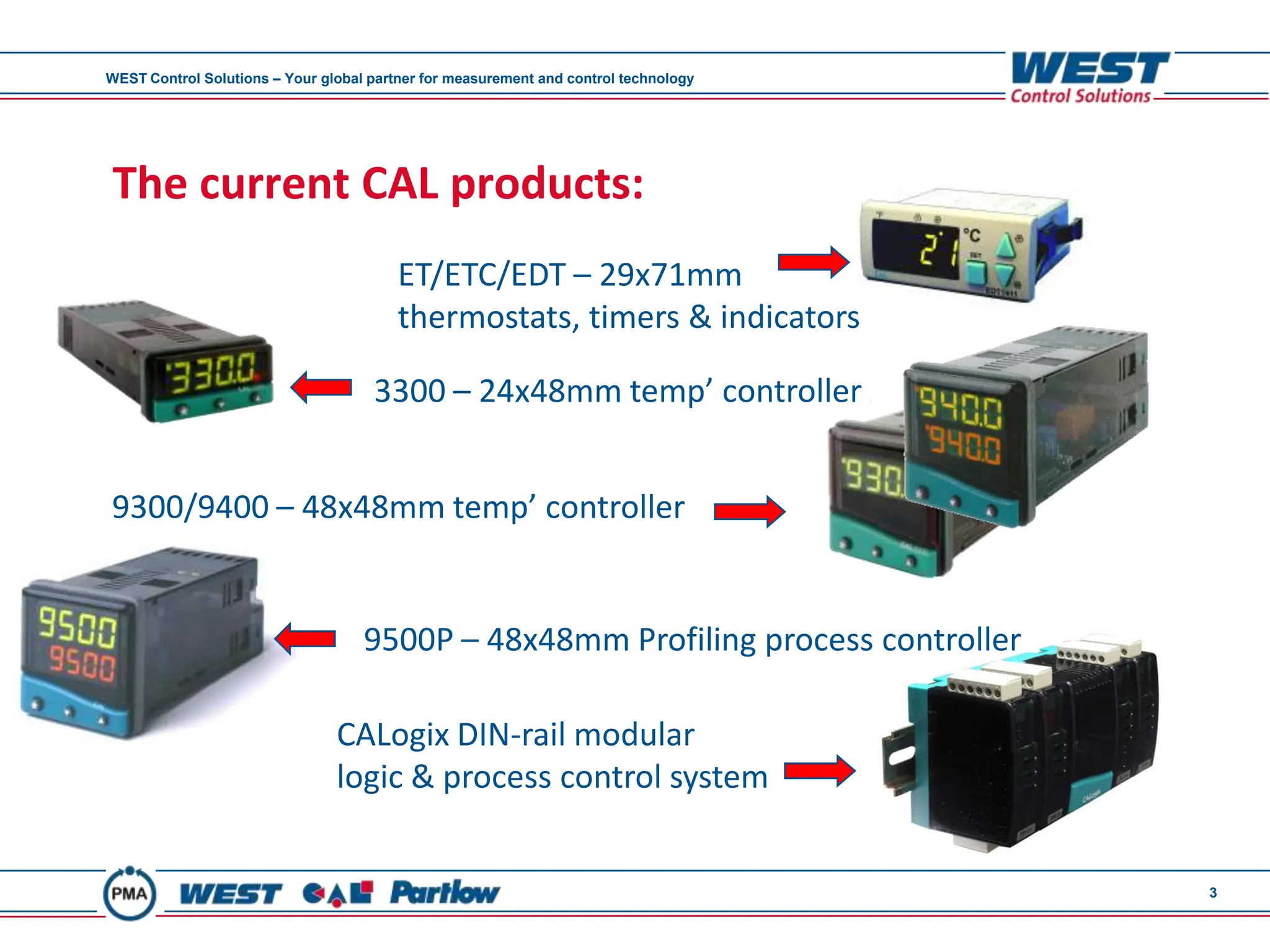 WEST Control Solutions – Your global partner for measurement and control technology




The current CAL products:
                                         ET/ETC/EDT – 29x71mm
                                         thermostats, timers & indicators

                                     3300 – 24x48mm temp’ controller


9300/9400 – 48x48mm temp’ controller


                                    9500P – 48x48mm Profiling process controller

                                CALogix DIN-rail modular
                                logic & process control system


                                                                                      3
 