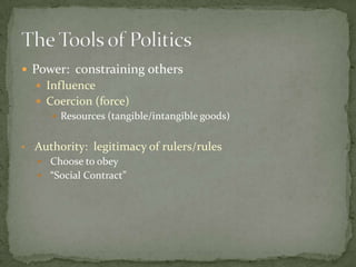  Power: constraining others
   Influence
   Coercion (force)
      Resources (tangible/intangible goods)


• Authority: legitimacy of rulers/rules
   Choose to obey
   “Social Contract”
 