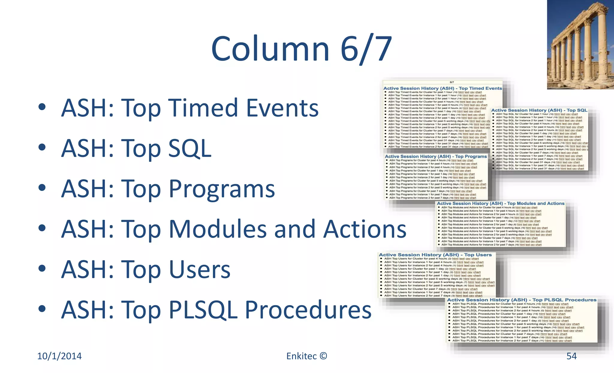 Column 6/7 
• ASH: Top Timed Events 
• ASH: Top SQL 
• ASH: Top Programs 
• ASH: Top Modules and Actions 
• ASH: Top Users 
• ASH: Top PLSQL Procedures 
10/1/2014 Enkitec © 54 
 