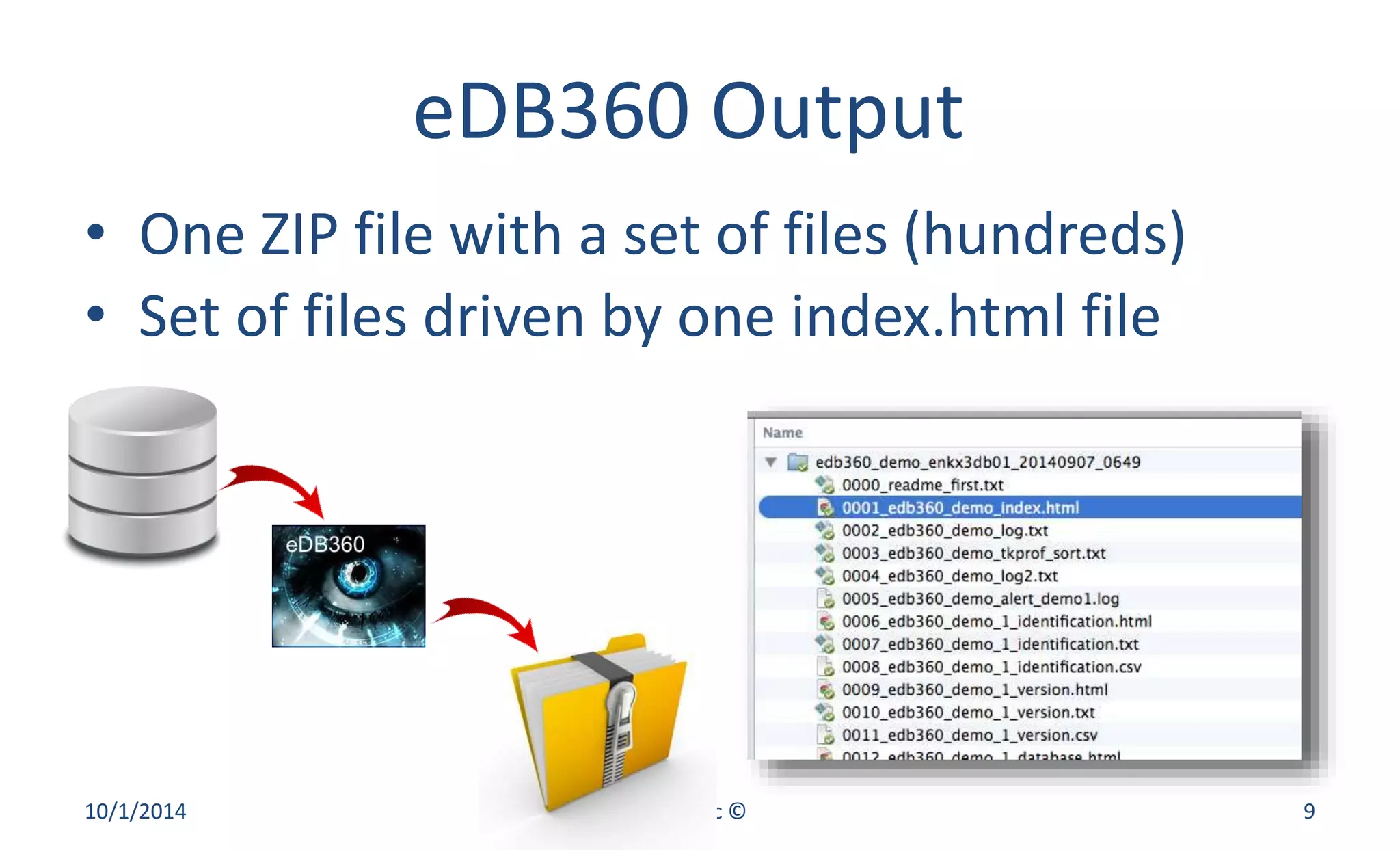 eDB360 Output 
• One ZIP file with a set of files (hundreds) 
• Set of files driven by one index.html file 
10/1/2014 Enkitec © 9 
 
