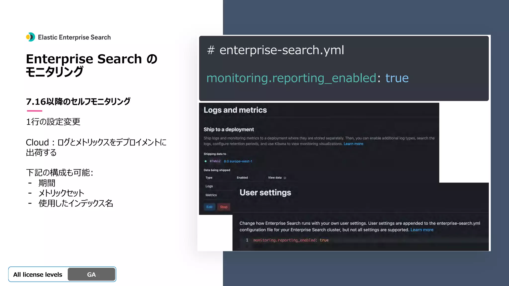 Beta
Platinum
Enterprise
Gold
Standard/Basic Experimental
Enterprise Search の
モニタリング
7.16以降のセルフモニタリング
1⾏の設定変更
Cloud︓ログとメトリックスをデプロイメントに
出荷する
下記の構成も可能:
- 期間
- メトリックセット
- 使⽤したインデックス名
GA
OSS GA
All license levels
# enterprise-search.yml
monitoring.reporting_enabled: true
 