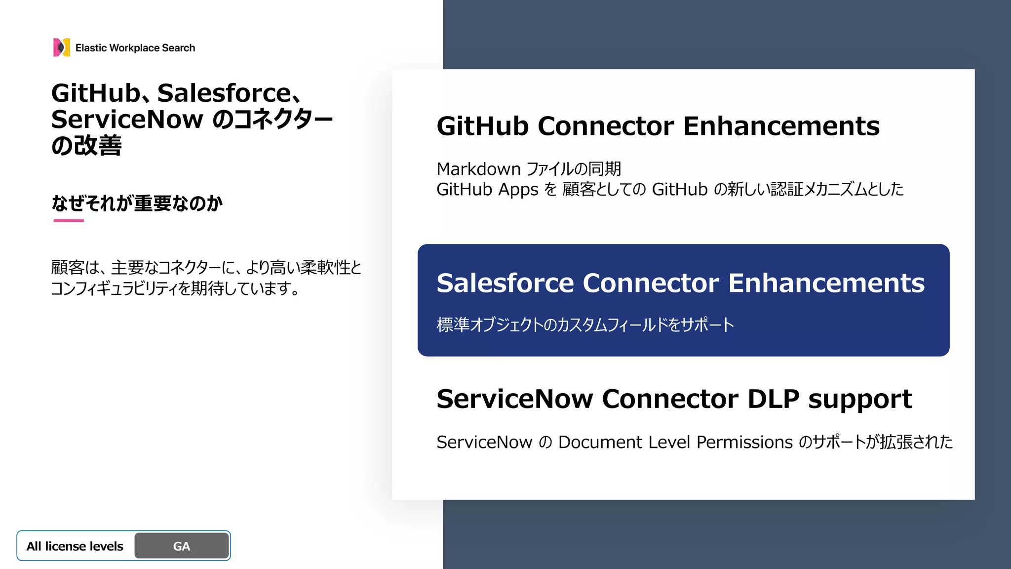 Beta
Platinum
Enterprise
Gold
Standard/Basic Experimental
GitHub、Salesforce、
ServiceNow のコネクター
の改善
なぜそれが重要なのか
顧客は、主要なコネクターに、より⾼い柔軟性と
コンフィギュラビリティを期待しています。
GA
OSS GA
All license levels
GitHub Connector Enhancements
Markdown ファイルの同期
GitHub Apps を 顧客としての GitHub の新しい認証メカニズムとした
Salesforce Connector Enhancements
標準オブジェクトのカスタムフィールドをサポート
ServiceNow Connector DLP support
ServiceNow の Document Level Permissions のサポートが拡張された
 