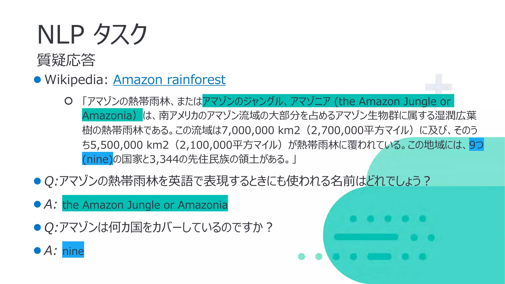 質疑応答
NLP タスク
●Wikipedia: Amazon rainforest
○ 「アマゾンの熱帯⾬林、またはアマゾンのジャングル、アマゾニア (the Amazon Jungle or
Amazonia）は、南アメリカのアマゾン流域の⼤部分を占めるアマゾン⽣物群に属する湿潤広葉
樹の熱帯⾬林である。この流域は7,000,000 km2（2,700,000平⽅マイル）に及び、そのう
ち5,500,000 km2（2,100,000平⽅マイル）が熱帯⾬林に覆われている。この地域には、9つ
(nine)の国家と3,344の先住⺠族の領⼟がある。」
●Q:アマゾンの熱帯⾬林を英語で表現するときにも使われる名前はどれでしょう︖
●A: the Amazon Jungle or Amazonia
●Q:アマゾンは何カ国をカバーしているのですか︖
●A: nine
 