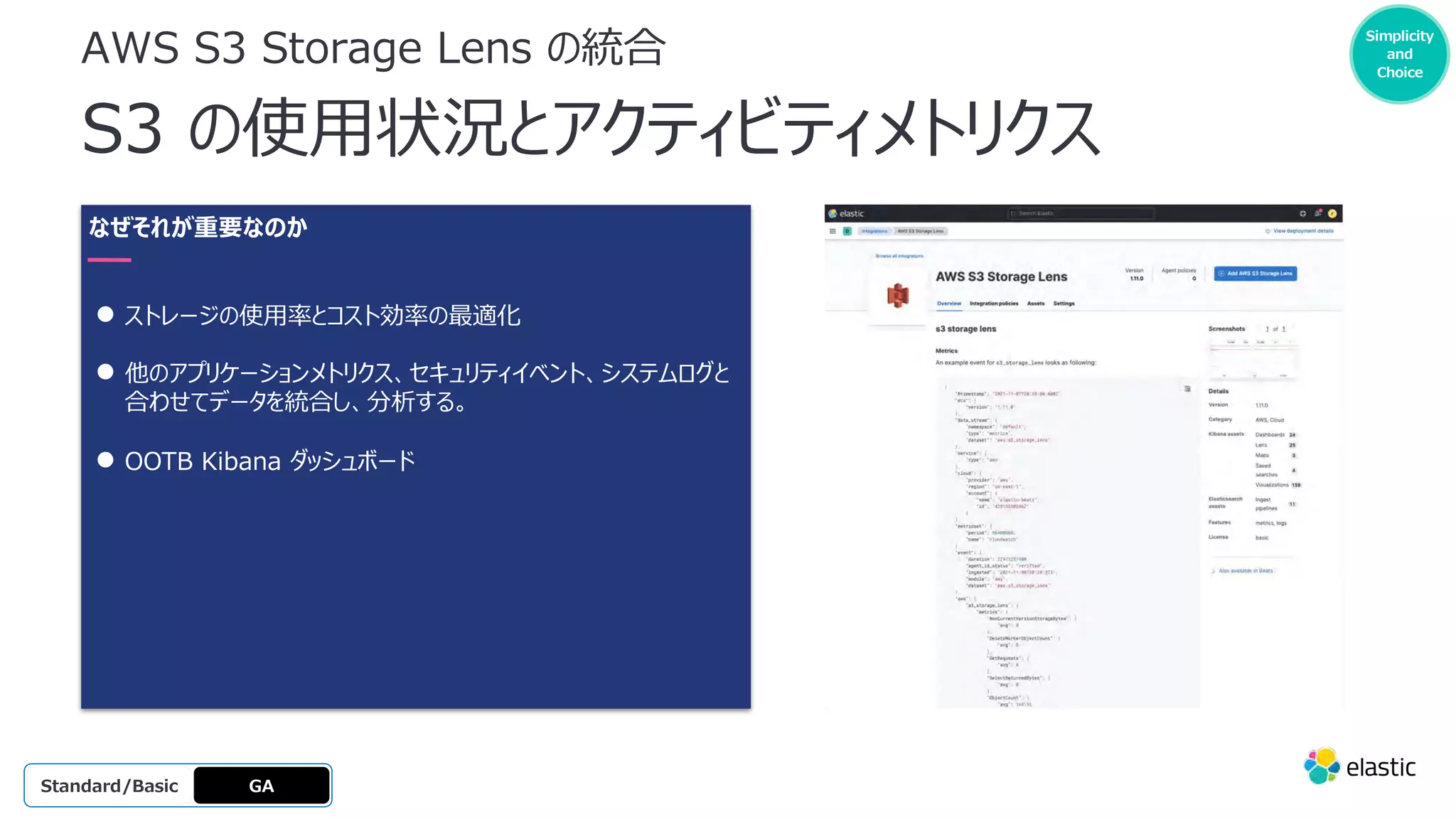 AWS S3 Storage Lens の統合
S3 の使⽤状況とアクティビティメトリクス
GA
OSS
Platinum
Enterprise
Gold
Standard/Basic
Simplicity
and
Choice
なぜそれが重要なのか
● ストレージの使⽤率とコスト効率の最適化
● 他のアプリケーションメトリクス、セキュリティイベント、システムログと
合わせてデータを統合し、分析する。
● OOTB Kibana ダッシュボード
 