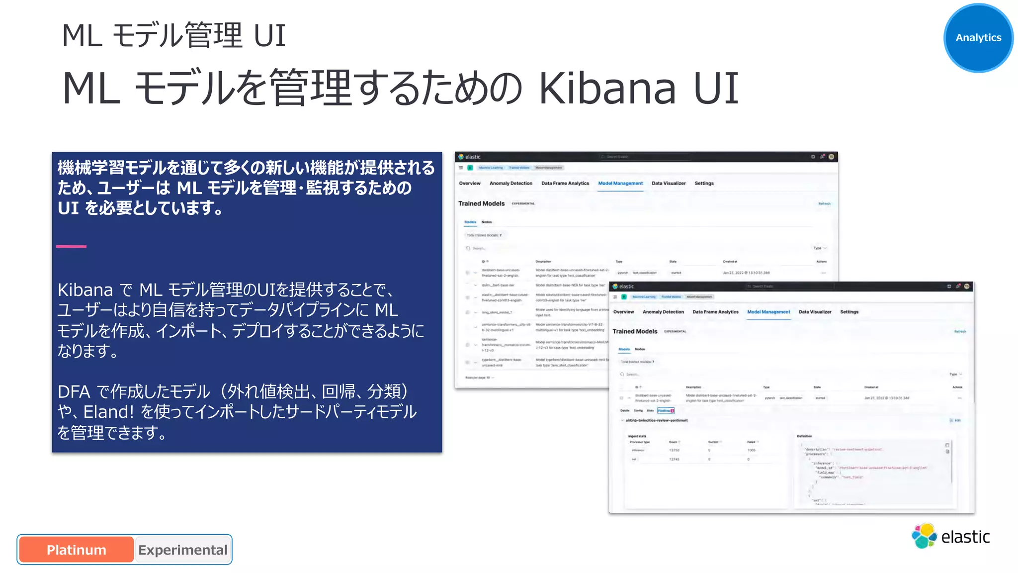 ML モデル管理 UI
ML モデルを管理するための Kibana UI
機械学習モデルを通じて多くの新しい機能が提供される
ため、ユーザーは ML モデルを管理・監視するための
UI を必要としています。
Kibana で ML モデル管理のUIを提供することで、
ユーザーはより⾃信を持ってデータパイプラインに ML
モデルを作成、インポート、デプロイすることができるように
なります。
DFA で作成したモデル（外れ値検出、回帰、分類）
や、Eland! を使ってインポートしたサードパーティモデル
を管理できます。
Analytics
GA
OSS Beta
Platinum Experimental
 