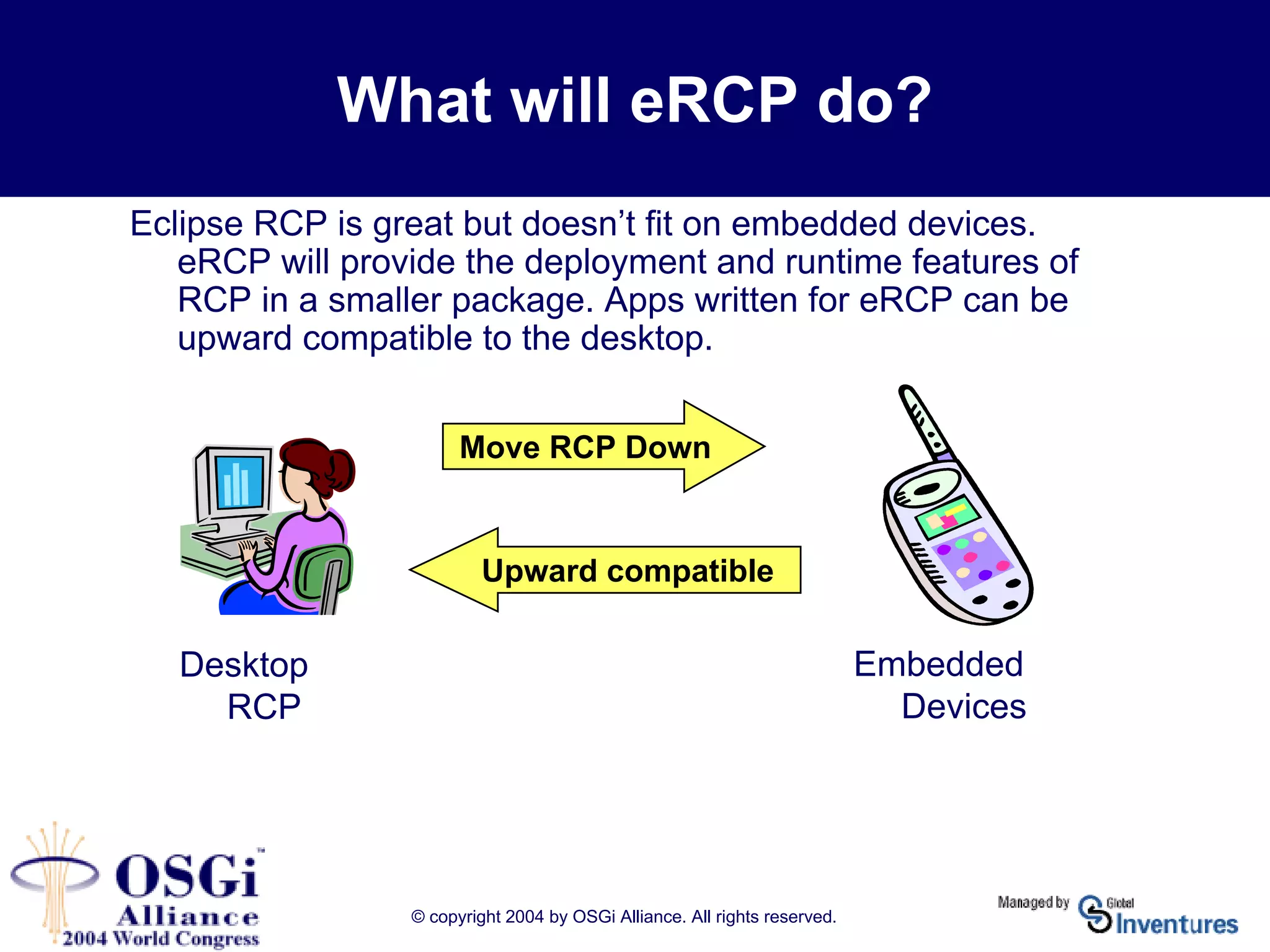 © copyright 2004 by OSGi Alliance. All rights reserved.
What will eRCP do?
Eclipse RCP is great but doesn’t fit on embedded devices.
eRCP will provide the deployment and runtime features of
RCP in a smaller package. Apps written for eRCP can be
upward compatible to the desktop.
Desktop
RCP
Move RCP Down
Upward compatible
Embedded
Devices
 