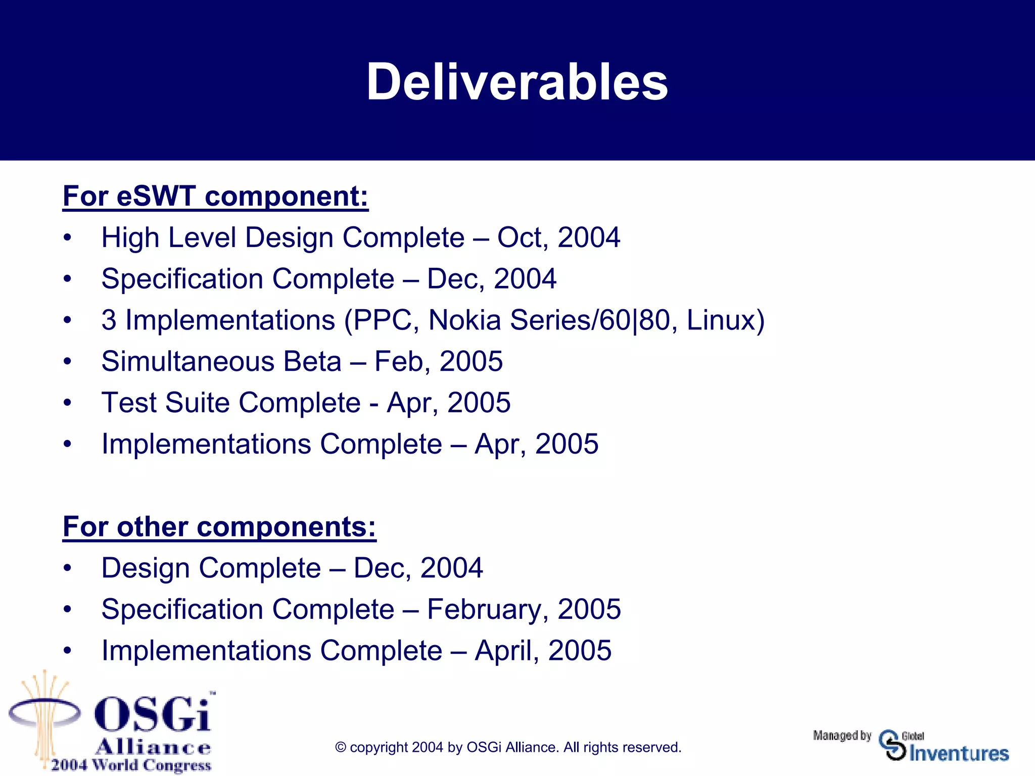 © copyright 2004 by OSGi Alliance. All rights reserved.
Deliverables
For eSWT component:
• High Level Design Complete – Oct, 2004
• Specification Complete – Dec, 2004
• 3 Implementations (PPC, Nokia Series/60|80, Linux)
• Simultaneous Beta – Feb, 2005
• Test Suite Complete - Apr, 2005
• Implementations Complete – Apr, 2005
For other components:
• Design Complete – Dec, 2004
• Specification Complete – February, 2005
• Implementations Complete – April, 2005
 