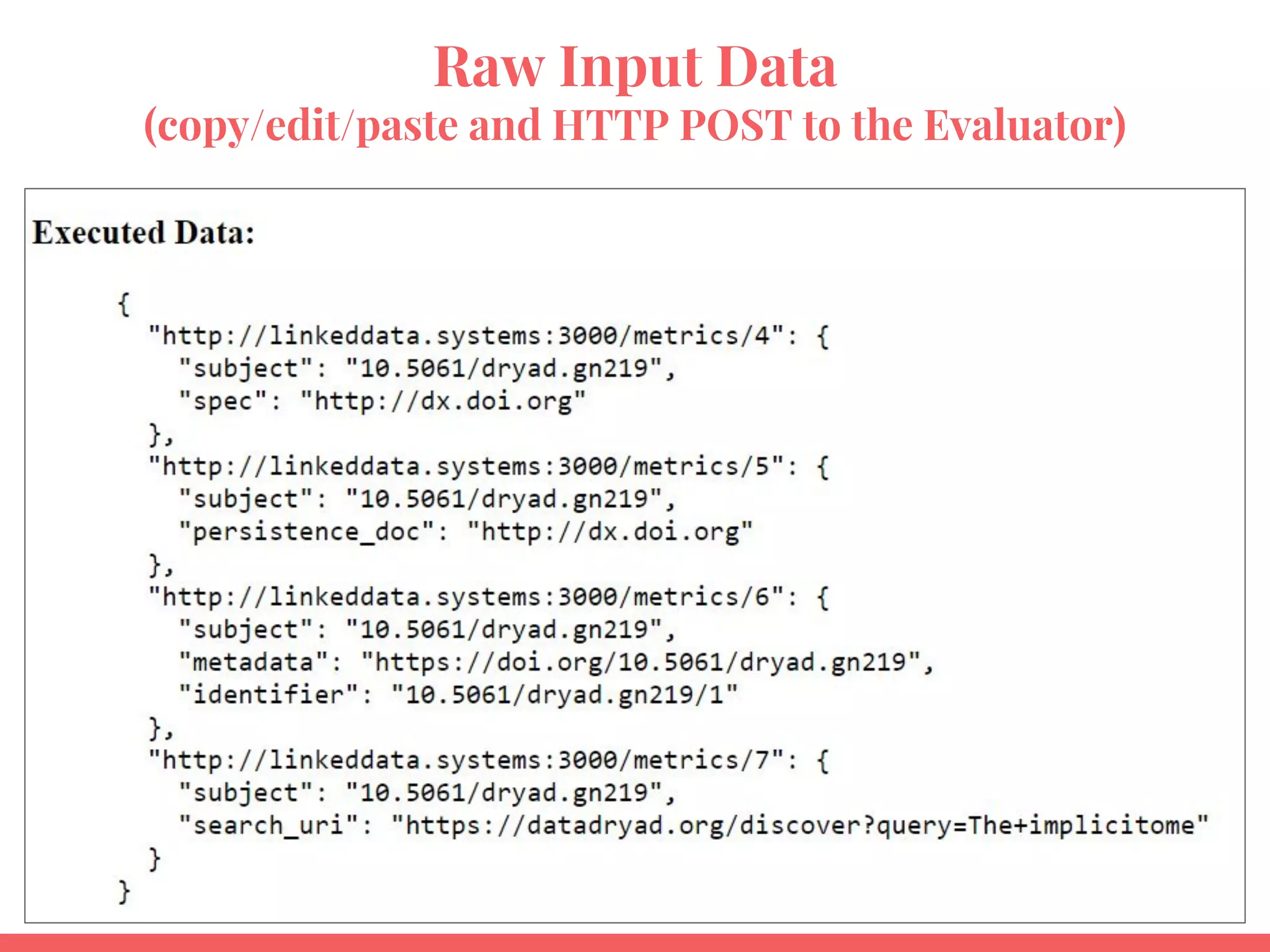 Raw Input Data
(copy/edit/paste and HTTP POST to the Evaluator)
 