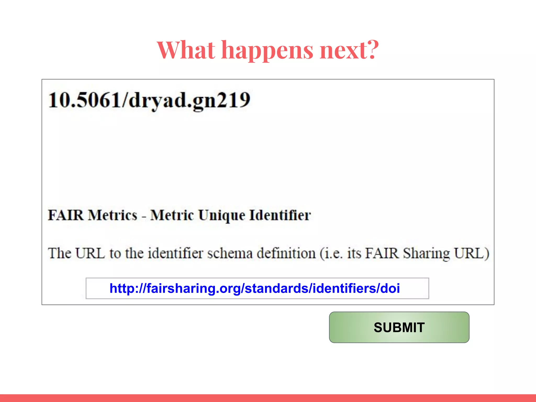 What happens next?
http://fairsharing.org/standards/identifiers/doi
SUBMIT
 