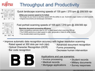 Throughput and Productivity Quick landscape scanning speeds of 135 ppm / 270 ipm @ 200/300 dpi Improve automatic data recognition accuracy with higher resolution scanning Rated speed at 300 dots per inch (dpi)  Optical Character Recognition (OCR) Bar code recognition Applications and use scenarios: Invoice processing Medical records Mortgage applications Advanced document recognition Forms processing Decrease human intervention Student records Military documents Survey responses 11” 8.5” 8.5” 11” Utilize your scanner speed to it’s fullest  No longer do you have to sacrifice speed with the ability to use  Automatic page rotation at rated speeds  Original documents are landscape orientation Fast portrait scanning speeds of 105 ppm / 210 ipm @ 200/300 dpi Maximize document processing efficiency Most competitive scanners slow to 2/3 rd ’s rated speed when scanning 300 dpi The fi-5950 performs at rated speed in color, grayscale or black & white modes True double-sided scanning speeds 