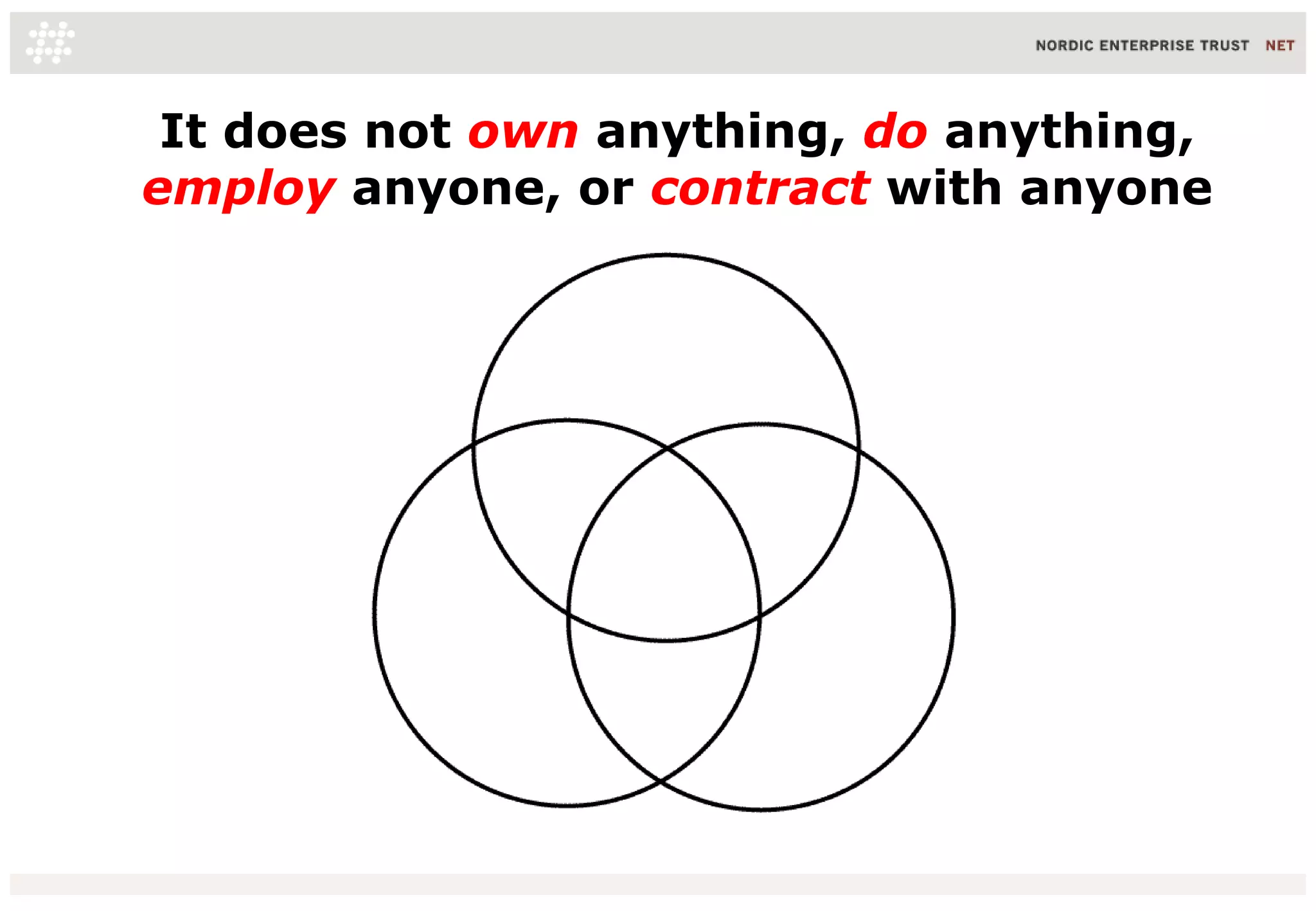 It does not own anything, do anything,
employ anyone, or contract with anyone
16/06/10 19
 